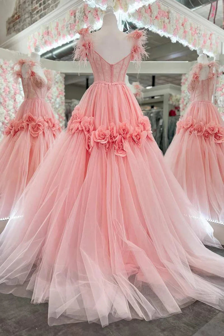 Vestido de fiesta de encaje con plumas, hombros descubiertos y encaje floral 3D